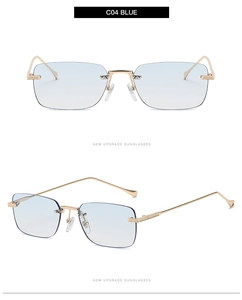 Rimless square sunglasses with blue gradient lenses and gold textured metal temples
