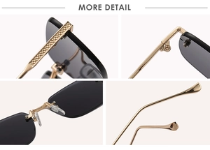 Macro detail of rimless square sunglasses with gold quilted metal temples and hinges