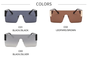 Detailed catalog showing black, leopard, and gradient lenses for oversized square sunglasses