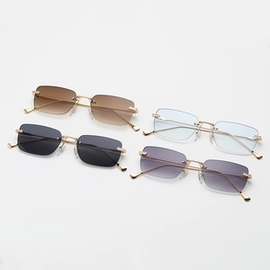 Frameless rectangular sunglasses in metal frames, gold-finish temples in various lens colors