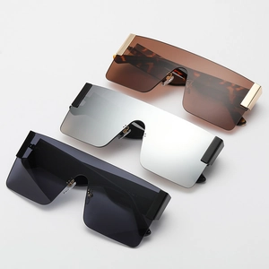 Three pairs of oversized square shield sunglasses in tortoise shell, silver, and black