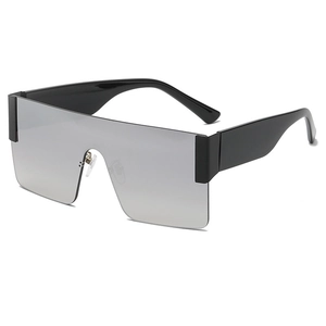 Oversized silver mirror flat top sunglasses with thick black temples in 45-degree view