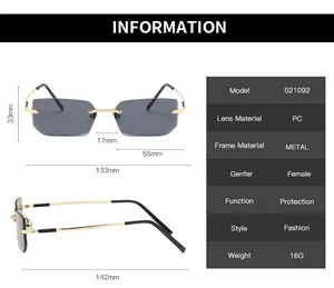 Detailed size specifications for square rimless sunglasses showing lens and frame dimensions