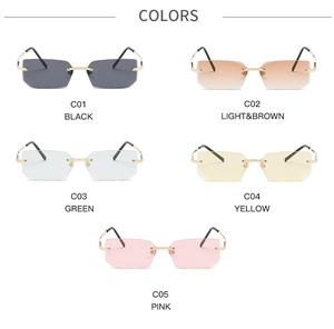 Detailed palette of rimless square sunglasses showing five lens colors with gold metal frames
