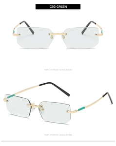 Detail view of rimless square sunglasses with light green lenses and gold metal frames