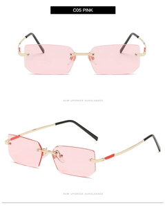 Detail view of pink rimless square sunglasses with gold metal frame and rice nail accents