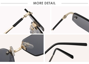Detailed views of rimless square sunglasses with gold metal hinges and crystal nose bridge