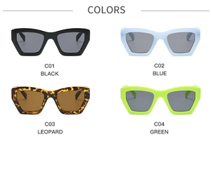 Tabella colori dettagliata di occhiali da sole cat-eye in nero, blu, tartaruga e verde fluo
