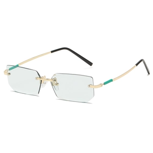 Fashion rimless square sunglasses with light green lenses and gold metal temples
