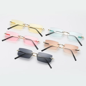 Minimalist rimless rectangular sunglasses in five assorted colors with gold metal frames