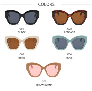 Detailed grid view showing five stylish wide-frame cat-eye sunglasses in multiple colors