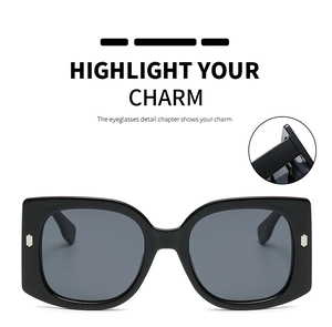 Close-up of hinge and silver metallic rectangle accent on black square sunglasses