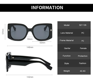 Detailed size specifications and weight for square oversized frame fashion sunglasses