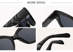 Detail of black cat-eye sunglasses featuring V-shaped woven texture on the temples