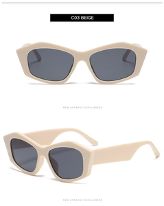 Dettaglio degli occhiali da sole geometrici beige con lenti grigie e codice colore C03