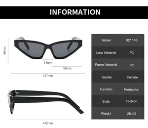 Detailed size specifications and weight info for small cat-eye hip hop sunglasses