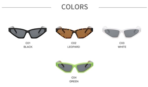 Showcase of four trendy small triangle cat eye sunglasses in black, white, leopard and green