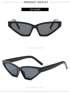 Detailed front and side view of black triangle cat eye sunglasses with thick frames