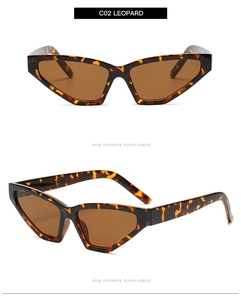 Detail view of leopard print cat eye sunglasses with brown lenses from two angles