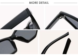 Detail view of black rectangular cat eye sunglasses with metal hinges and thick temples
