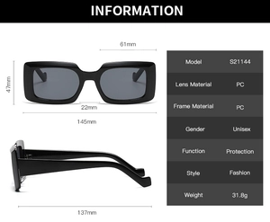 Detailed size specifications for square black sunglasses featuring PC frame dimensions