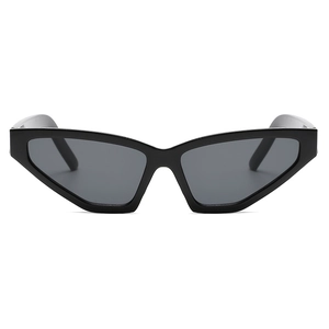 Retro small triangle cat eye sunglasses with thick black frame and dark grey lenses