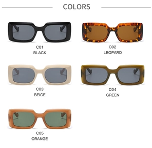 Collection of rectangular thick frame sunglasses in black, leopard, beige, green, and orange