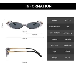 Detailed size chart for retro small frame sunglasses with dimensions and PC metal specs