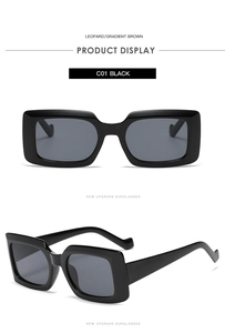 Detail view of large rectangular black sunglasses showing front and side frame profiles