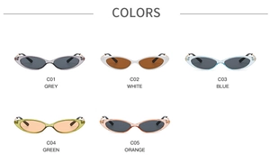 Flat lay of small cat-eye sunglasses in various transparent resin frame colors