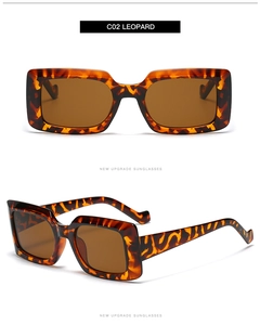 Detail view of leopard print frames and dark brown lenses on retro square sunglasses
