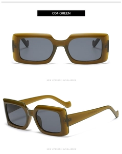 Detailed views of chunky olive green square sunglasses with dark grey lenses and thick frame
