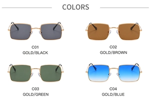 Quatre couleurs de lunettes de soleil rétro carrées en métal avec montures dorées et verres