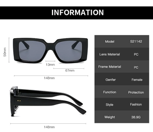 Detailed technical specifications and sizing dimensions for black square sunglasses