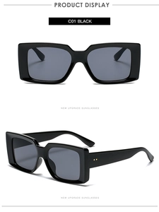 Front and 45-degree side view of black rectangle sunglasses with gold dot accents