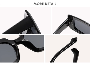 Detail view of reinforced hinges and smooth nose pads on black square sunglasses