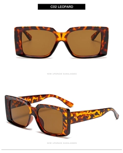 Detail view of leopard print rectangular sunglasses showing front and side frame angles