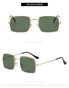 Détails des lunettes de soleil carrées en métal doré avec verres vert foncé et embouts