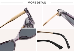 Macro view of purple translucent frames with gold metal temples on fashion sunglasses