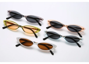 Detailed top view of retro cat-eye sunglasses in five vibrant colors with a white background