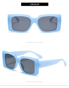 Front and 45-degree views of light blue rectangle sunglasses with dark grey lenses