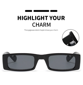 Detail shot of the metal hinge and sturdy connection on black rectangular sunglasses
