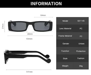 Detailed size chart for retro rectangular sunglasses with frame dimensions and specs