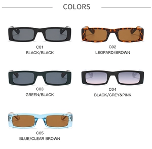 Multi-angle catalog view of vintage narrow rectangular sunglasses in five color variants