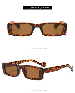 Detail view of leopard print rectangular sunglasses with brown lenses and C02 color code