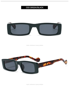 Close-up of retro rectangle sunglasses C03 with green black frames and tortoise temples