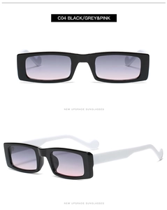 Detail of retro small square sunglasses featuring black frames and wavy white temples