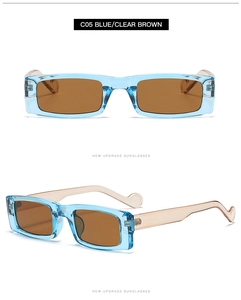 Detail of blue rectangle sunglasses with brown lenses and ring-tip temple design