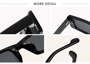 Detail shots of retro square sunglasses featuring sturdy metal hinges and wide temples