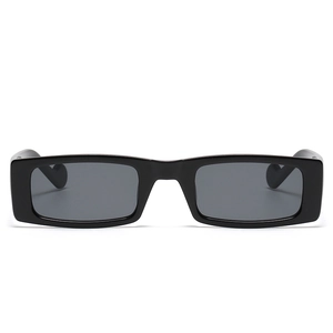Retro rectangular sunglasses with black thick frames and dark grey lenses for street style